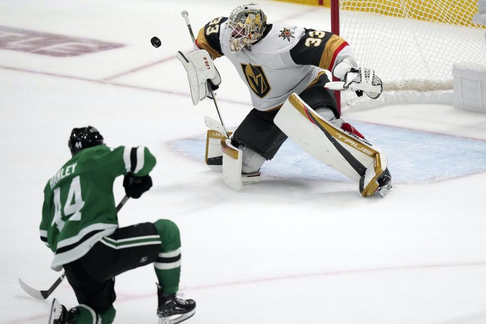 Vegas Golden Knights goaltender Adin Hill blocks a shot by Dallas Stars defenseman Joel Hanley during Game 3 of the NHL Stanley Cup Western Conference finals in Dallas on May 23. (AP Photo/LM Otero)