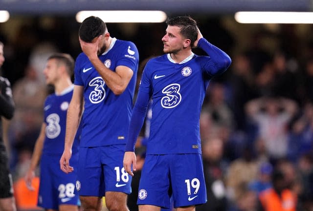 Chelsea’s Armando Broja, left, and Mason Mount respond to their draw with Manchester United