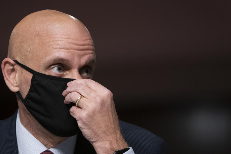 Dr. Stephen Hahn, commissioner of the U.S. Food and Drug Administration, testifies on Capitol Hill on Wednesday, Sept. 23, 2020, in Washington. (Alex Edelman/Pool via AP)