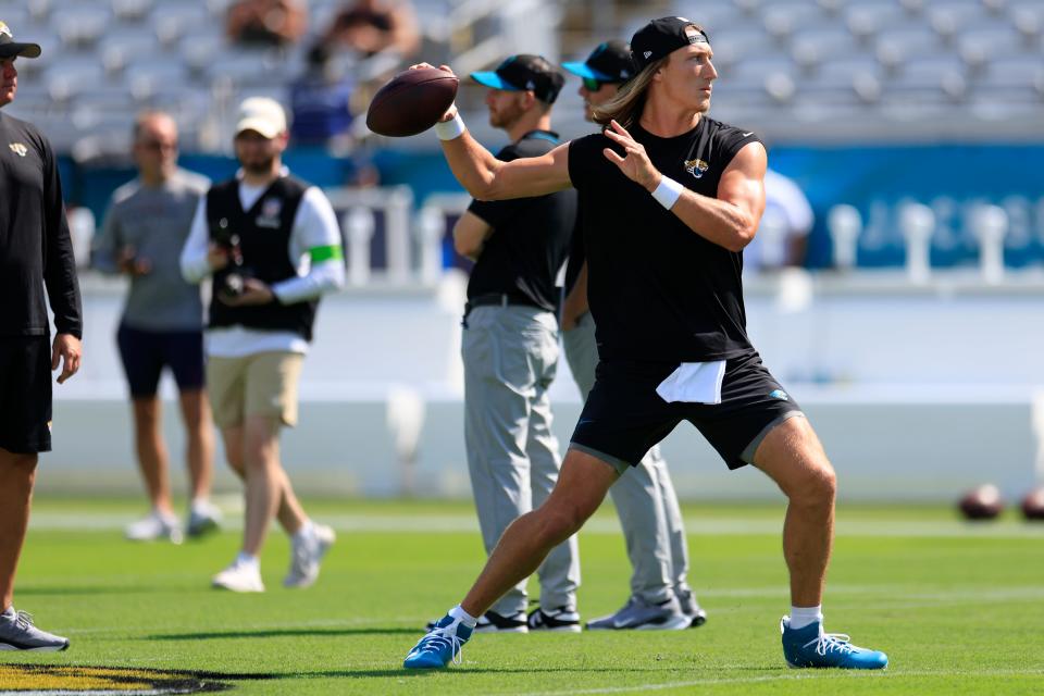 Jacksonville Jaguars quarterback Trevor Lawrence (16) warms up before an NFL football matchup Sunday, Sept. 24, 2023 at EverBank Stadium in Jacksonville, Fla. [Corey Perrine/Florida Times-Union]