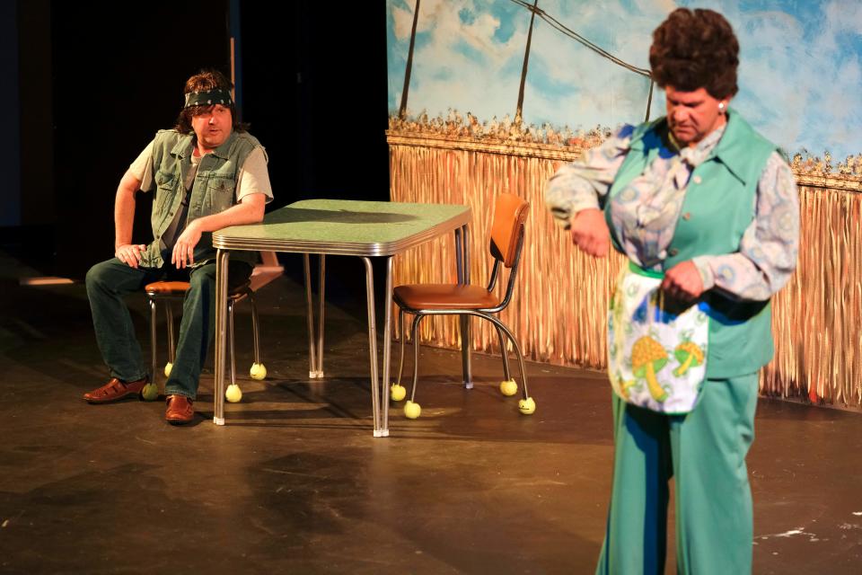 Brian C. Stockton, left, and Morgan Brown rehearse Jewel Box Theatre's new production of "Greater Tuna" Monday, July 12, 2021, in the theater's new home at 321 NW 36.