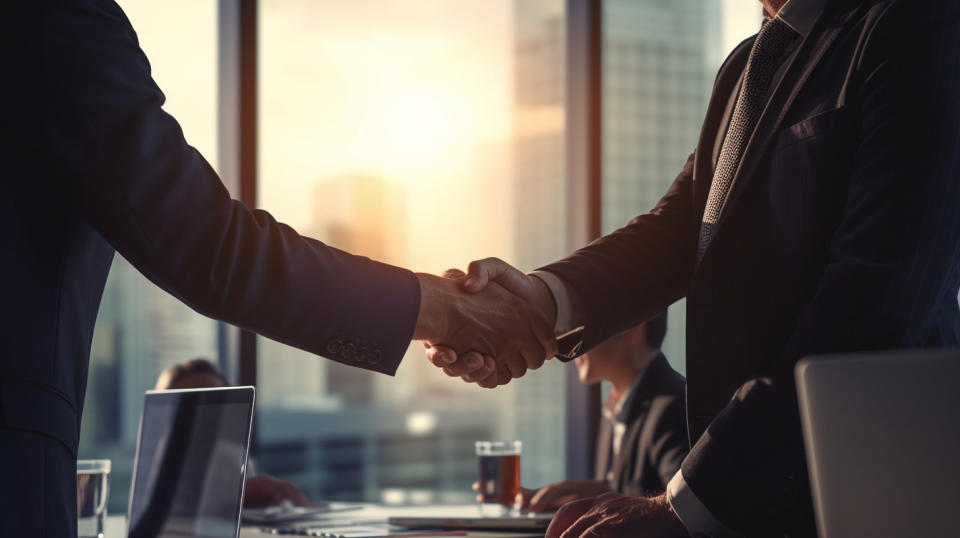 A senior banker shaking hands with migrant customers in a corporate boardroom.