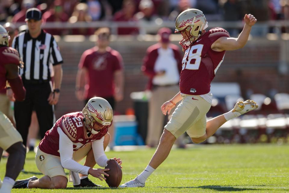 Florida State Seminoles place kicker Ryan Fitzgerald (88) winds up to kick a field goal. The Florida State Seminoles hosted their annual Garnet and Gold spring game at Doak Campbell Stadium on Saturday, April 9, 2022.