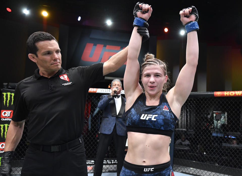 LAS VEGAS, NEVADA - MARCH 27: Miranda Maverick reacts after her victory over Gillian Robertson in their lightweight fight during the UFC 260 event at UFC APEX on March 27, 2021 in Las Vegas, Nevada. (Photo by Jeff Bottari/Zuffa LLC)