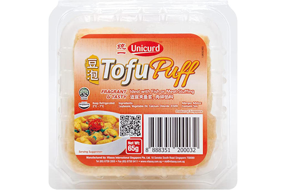 Unicurd Tofu Puff Cubic, 65g, 12-count - Chilled. (Photo: Amazon SG)