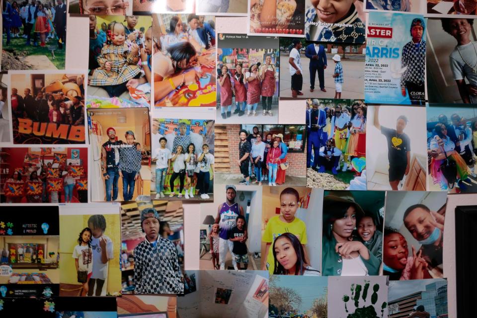 A collage of pictures of Zyair Harris hangs on a wall in his bedroom in memory of him at his Sterling Heights home on Wednesday, Sept. 27, 2023. The 13-year-old was killed by oncoming traffic in April 2022, after his school bus driver failed to deploy the vehicle's safety stop sign and lights. The driver, Debra White, was supposed to drop him off in front of their home, Jones said, so the teen, who had autism spectrum disorder, wouldn't have to cross.
