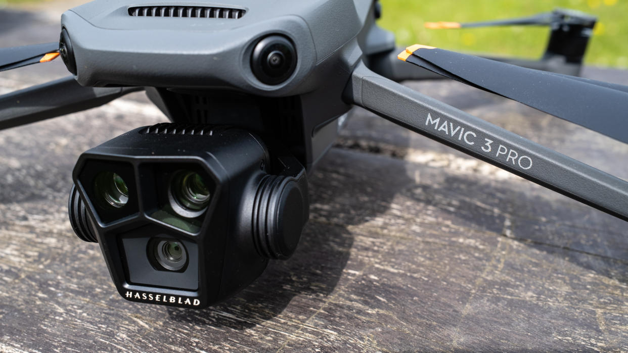  A closeup of the three cameras of the DJI Mavic 3 Pro consumer drone 