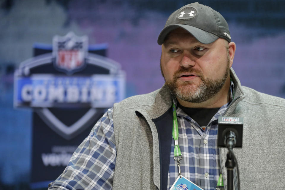 FILE - In this Feb. 25, 2020, file photo, New York Jets general manager Joe Douglas speaks during a news conference at the NFL football scouting combine in Indianapolis. Sam Darnold's time as the face of the New York Jets franchise might be nearing a disappointing end. The 23-year-old quarterback was considered an untouchable player on the roster only a year ago. General manager Joe Douglas has backed off that stance, though, and it could signal a major change at the position as free agency and the NFL draft approach. (AP Photo/Michael Conroy, File)