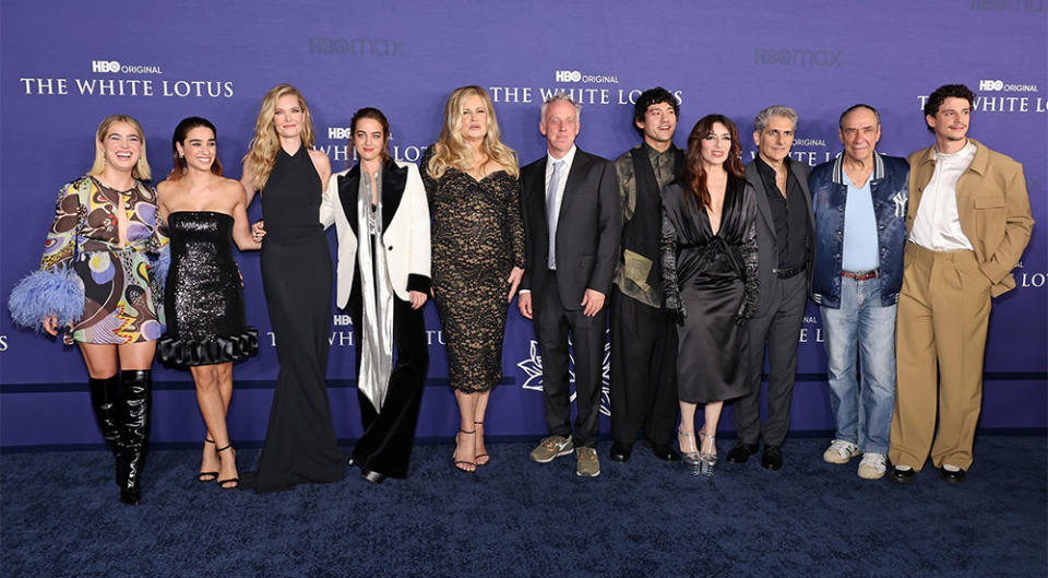 Haley Lu Richardson, Simona Tabasco, Meghann Fahy, Beatrice Grannò, Jennifer Coolidge, Mike White, Will Sharpe, Sabrina Impacciatore, Michael Imperioli, F. Murray Abraham, and Adam DiMarco attend the Los Angeles Season 2 Premiere of HBO Original Series "The White Lotus" at Goya Studios on October 20, 2022 in Los Angeles, California.