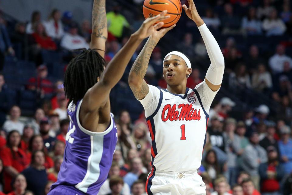 Jan 29, 2022; Oxford, Mississippi, USA; Mississippi Rebels guard Austin Crowley (1) shoots for three during the second half against the Kansas State Wildcats at The Sandy and John Black Pavilion at Ole Miss. Mandatory Credit: Petre Thomas-USA TODAY Sports