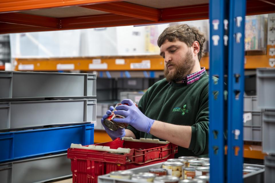 Stocks of food in the warehouse of Worcester Foodbank in Worcester, Worcestershire. Staff say they are under immense pressure due to an unprecedented demand for food at the same time as a significant drop in donations, due to the current coronavirus pandemic.