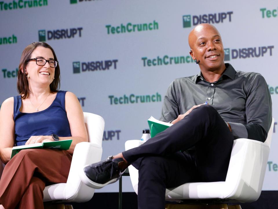 Pear VC founding managing partner Mar Hershenson and Precursor Ventures founder and managing partner Charles Hudson speak onstage during TechCrunch Disrupt 2023 at Moscone Center on September 21, 2023 in San Francisco, California.