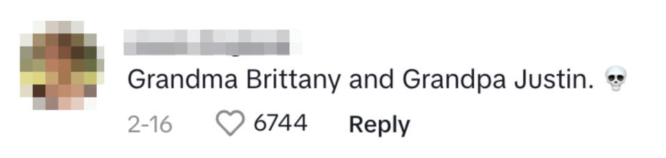 Profile photo of a person next to a comment about "Grandma Brittany and Grandpa Justin" with a skull emoji, likes and reply info visible