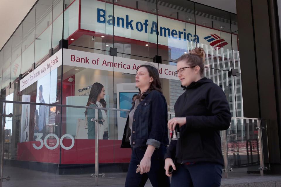 CHICAGO, ILLINOIS - APRIL 09: A sign hangs above the entrance to a Bank of America branch in the Loop on April 09, 2019 in Chicago, Illinois. The banking giant has announced that it will be raising the minimum wage for for its employees to $20-per-hour in increments over the next two years, beginning with a jump to $17-per-hour on May 1.   (Photo by Scott Olson/Getty Images)