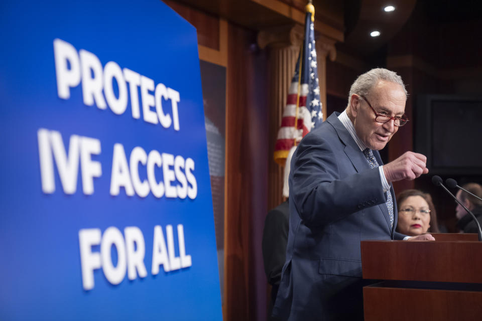 Senate Majority Leader Chuck Schumer of N.Y., speaks about a bill to establish federal protections for IVF during a press event on Capitol Hill, Tuesday, Feb. 27, 2024, in Washington. (AP Photo/Mark Schiefelbein)