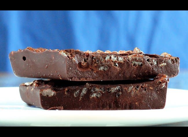 <strong>Get the <a href="http://chocolatecoveredkatie.com/2012/07/01/healthy-homemade-chocolate-crunch-bars/" target="_hplink">Homemade Crunch Bars recipe from Chocolate Covered Katie</a></strong>    This darker version of the Crunch bar uses dark chocolate, rice cereal and coconut oil to create, what could be called, an even better version. Freeze before cutting into squares.
