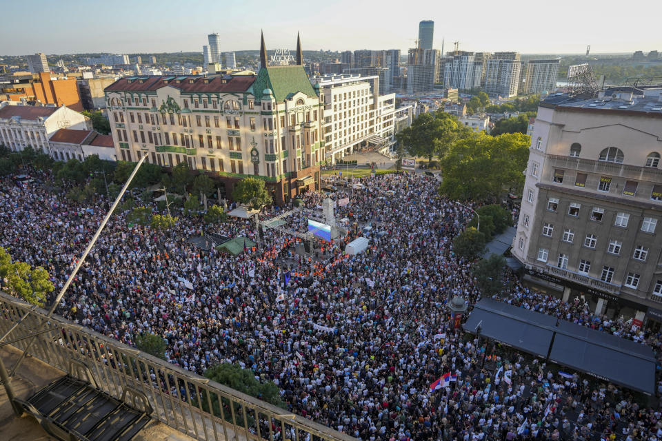 People attend a protest against pollution and the exploitation of a lithium mine in the country in Belgrade, Serbia, Saturday, Aug. 10, 2024. Thousands were gathering Saturday at a rally against lithium mining in Serbia despite government warnings of alleged planned unrest designed to topple the government of populist President Aleksandar Vucic. (AP Photo/Darko Vojinovic)