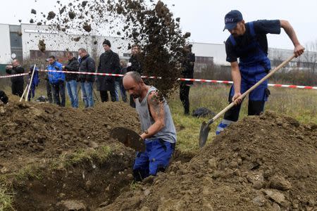 Gravediggers compete during a grave digging championship in Trencin, Slovakia, November 10, 2016, where eleven pairs of gravediggers are competing in digging based on accuracy, speed, and aesthetic quality. REUTERS/Radovan Stoklasa