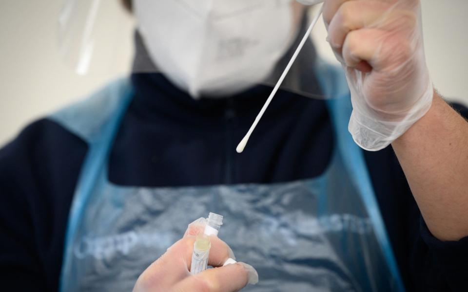 A member of the medical team holds up a used swab from a PCR test at Gatwick Airport - Leon Neal/Getty Images