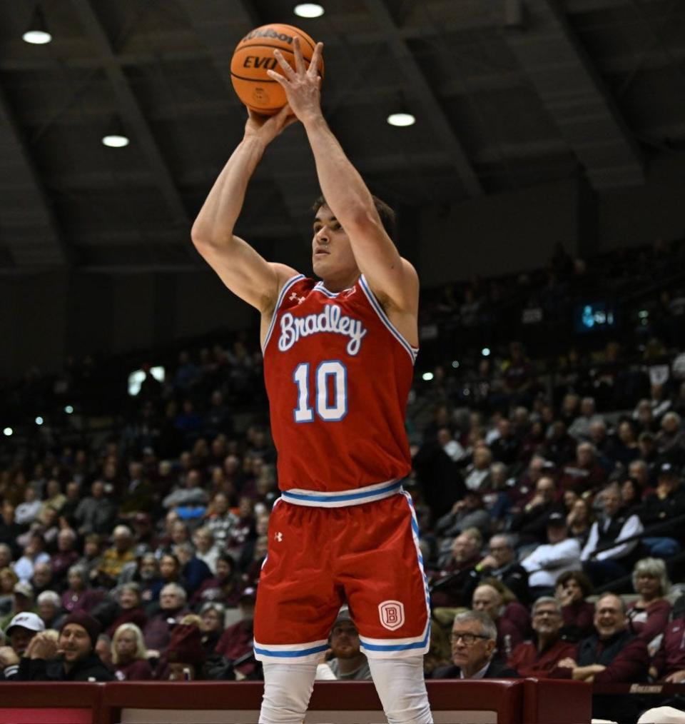 Bradley's Connor Hickman puts up a shot against Southern Illinois in a Missouri Valley Conference men's basketball game in Carbondale on Jan. 17, 2024.