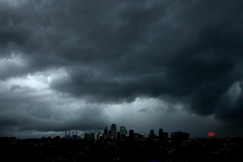 A severe storm that dropped several tornadoes earlier passes behind downtown Kansas City, Mo. on Tuesday, May 28, 2019.