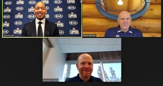 The Clippers introduced new coach Tyronn Lue during a videoconference with owner Steve Ballmer and Lawrence Frank.