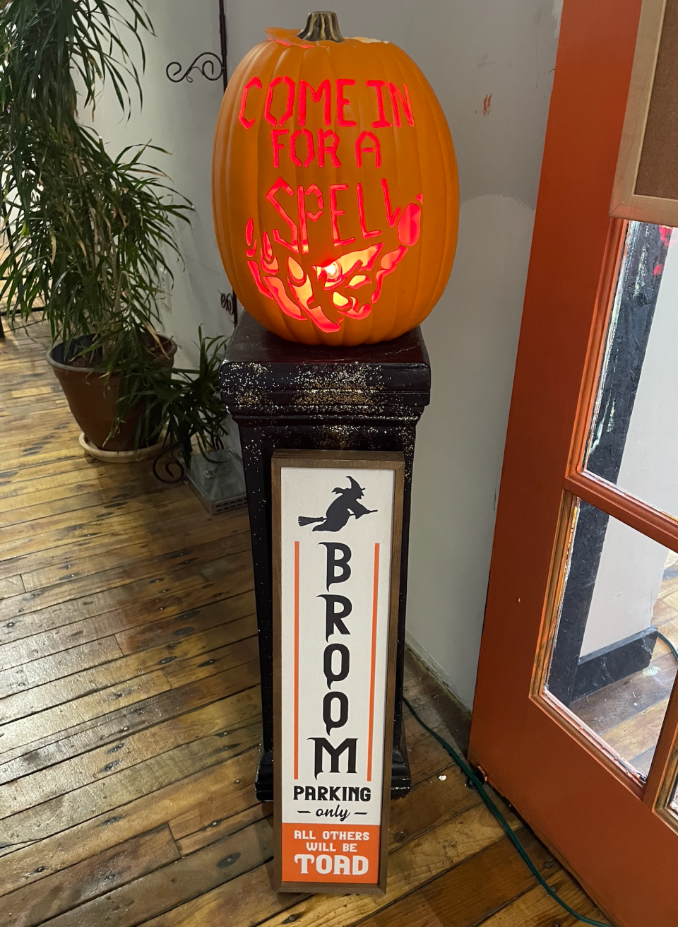 A pumpkin welcomes guests into Readings by Stacey at Kilburn Mill. The store will be having flash tarot readings during the "Meet Me At The Mill" Halloween event on Oct. 28