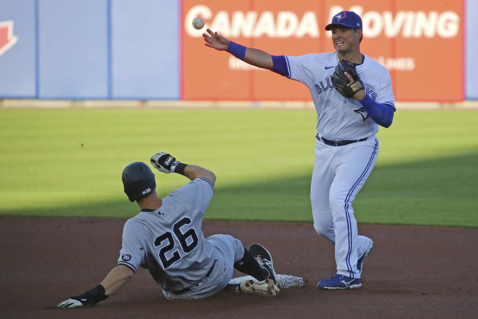 Toronto Blue Jays Joe Panik gets New York Yankess DJ LeMahieu out at second on a single hit by Gleber Torres during the first inning of a baseball game, Tuesday, June 15, 2021, in Buffalo, N.Y. (AP Photo/Jeffrey T. Barnes)