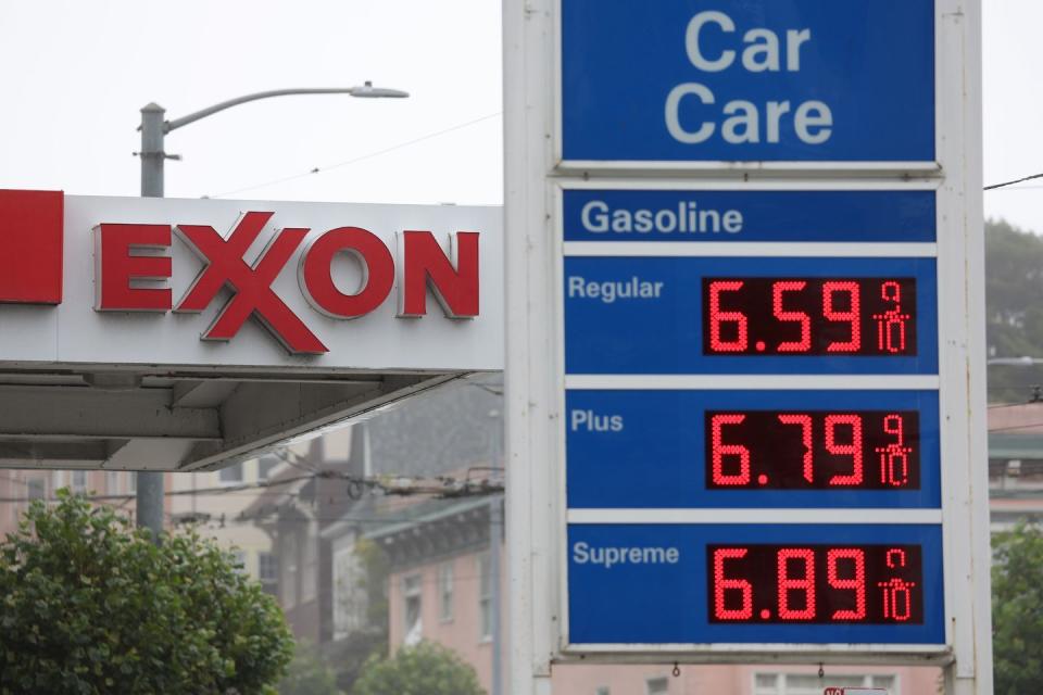 san francisco california   july 05 gas prices are displayed at an exxon gas station on july 05, 2022 in san francisco, california analysts increased their estimates for exxon mobil's second quarter earnings after the oil company indicated that its refining earnings could surge over $5 billion compared to first quarter earnings photo by justin sullivangetty images