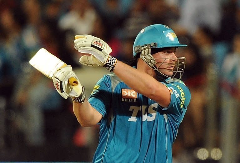 New Zealand cricketer Jesse Ryder plays a shot during an IPL game in Pune, on May 19, 2012. Ryder was showing signs of improvement on Friday and gave family the thumbs-up as police charged two men with assaulting the gifted batsman in a savage beating a day earlier