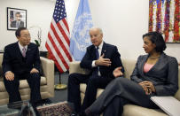 FILE - In this Dec. 15, 2010, file photo Vice President Joe Biden, center, and Susan Rice, the U.S. Ambassador to the United Nations, meet with U.N. Secretary-General Ban Ki-moon before a session of the U.N. Security Council, at U.N. headquarters. Democratic presidential nominee Joe Biden is in the final stages of selecting his running mate. Among the contenders is Susan Rice, who worked closely with Biden in the Obama administration and regularly briefed him on pressing foreign policy matters when she served as national security adviser. (AP Photo, File)