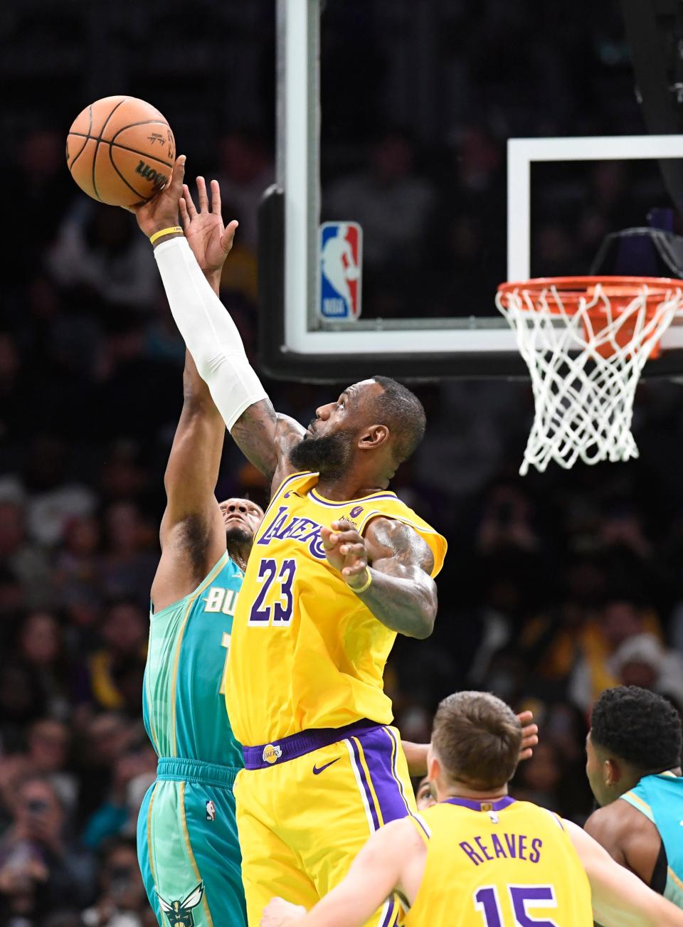 Feb. 5: The Los Angeles Lakers' LeBron James (23) gets a rebound against the Charlotte Hornets' Brandon Miller during the second half at the Spectrum Center.
