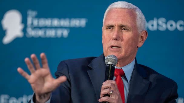 PHOTO: Former Vice President Mike Pence speaks at the Federalist Society Executive Branch Review conference, April 25, 2023, in Washington, D.C. (Alex Brandon/AP, FILE)