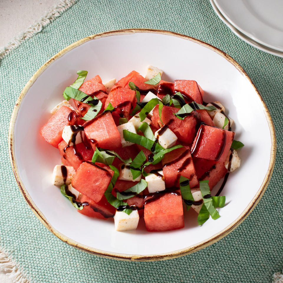 <p>This refreshing twist on the classic caprese salad replaces tomatoes with sweet, juicy watermelon. Basil and balsamic vinegar push this easy summer salad to the savory side, but if you want some sweeter notes, opt for balsamic glaze. An optional drizzle with extra-virgin olive oil at the end helps marry the flavors.</p>