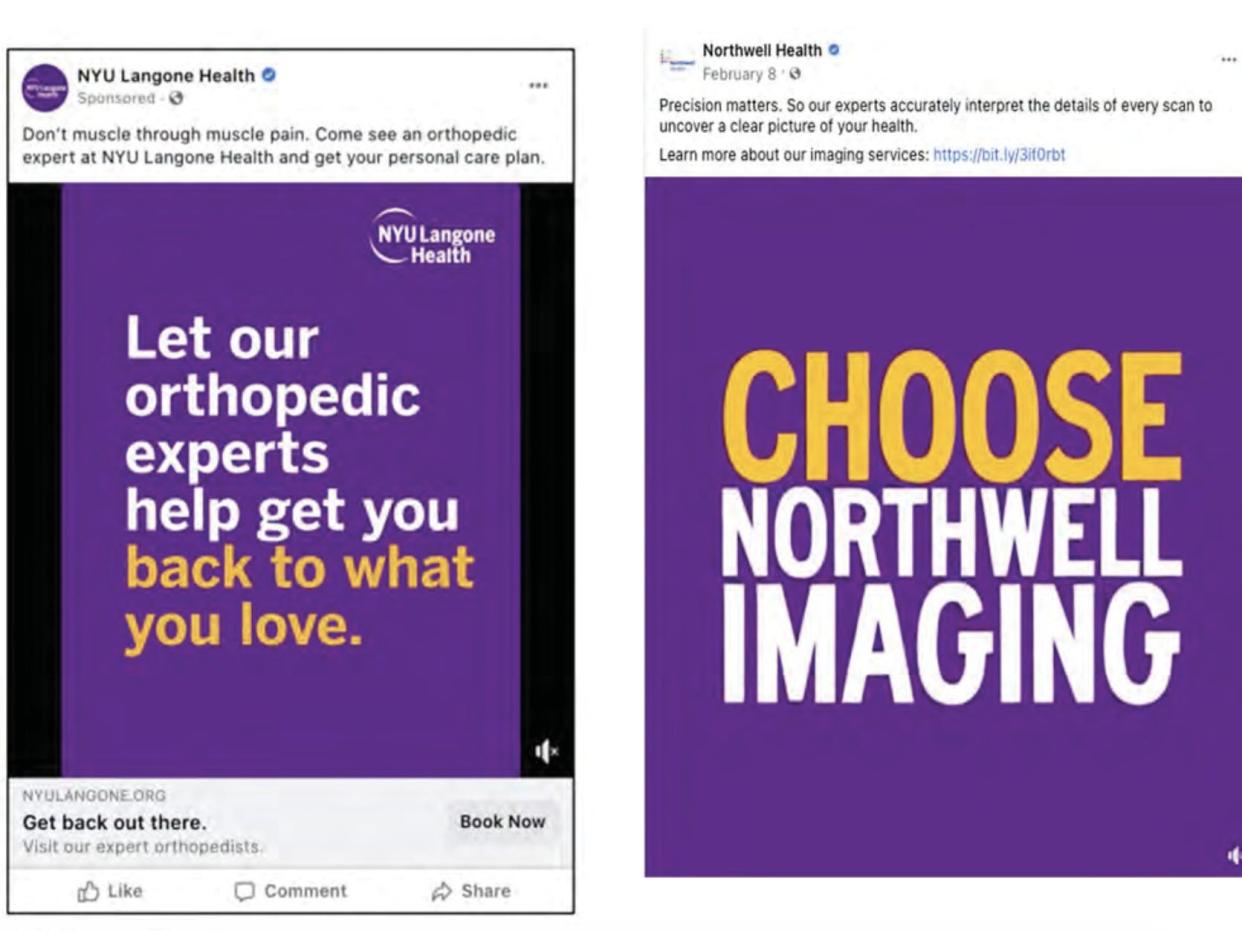 An example of "confusingly similar advertising" between NYU and Northwell, according to a lawsuit filed by NYU in New York Thursday.