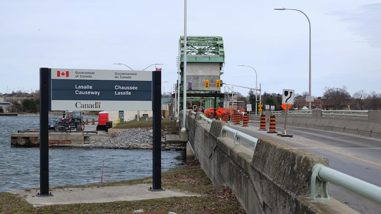 PSPC says the LaSalle Causeway is now open for pedestrians. This photos shows the bridge on April 2, 2024, several days after it was damaged during construction work.         (Dan Taekema/CBC - image credit)