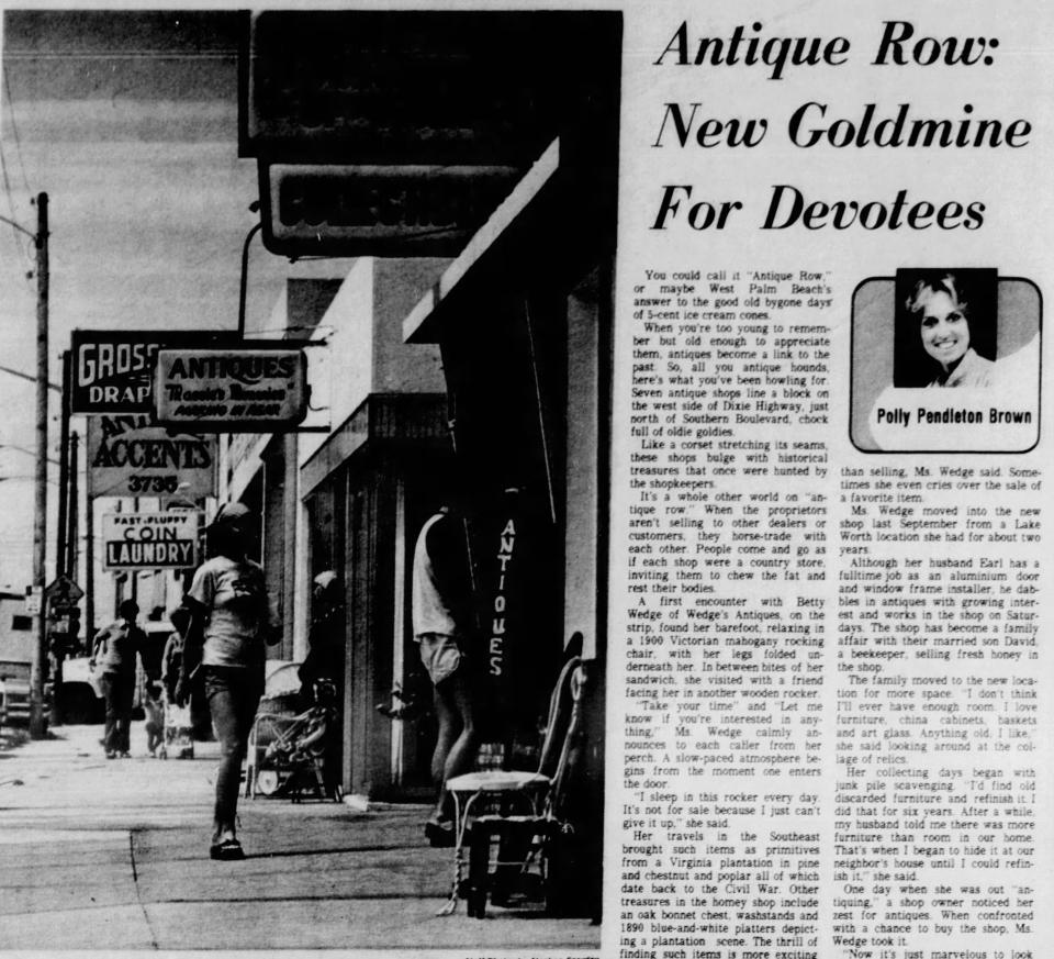 A 1979 article in The Palm Beach Post-Times reports on seven antique shops on Dixie Highway just north of Southern Boulevard that the writer dubbed "Antique Row."