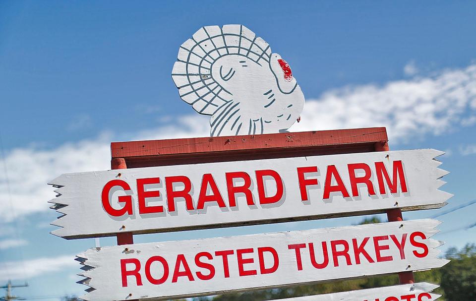 The hand-painted sign outside Gerard Farm in Marshfield, a longtime institution for Thanksgiving turkey.