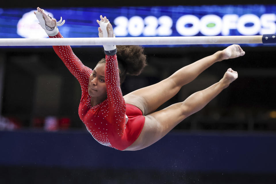 FILE - Skye Blakely competes on the uneven bars during the U.S. Gymnastics Championships, Sunday, Aug. 21, 2022, in Tampa, Fla. Blakely will compete in this week's U.S. Championships hoping to earn a spot on the world championship team this fall. (AP Photo/Mike Carlson, File)