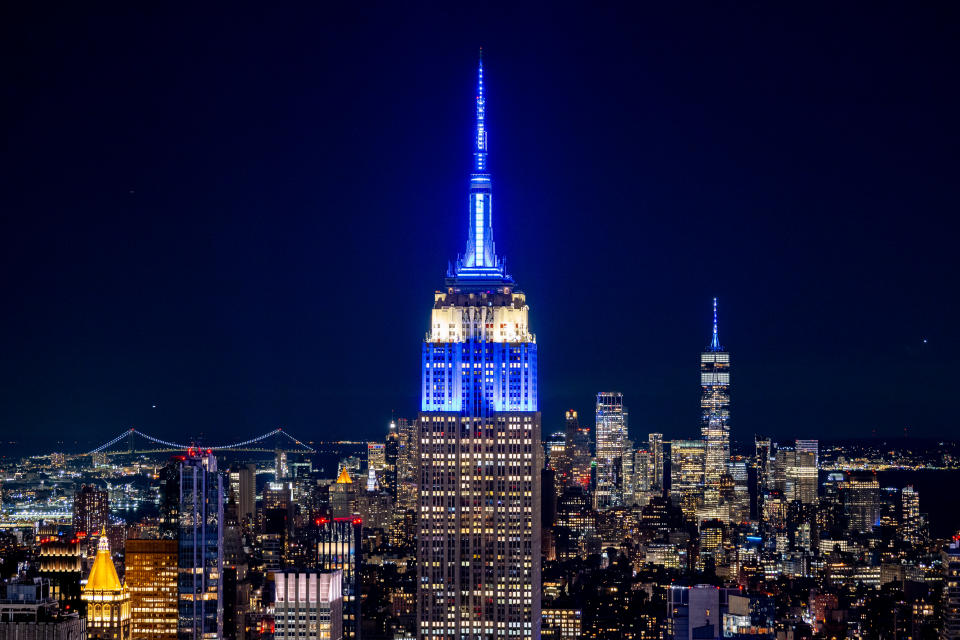 The Empire State Building is lit in blue and white in solidarity with Israel on Oct. 7. 
