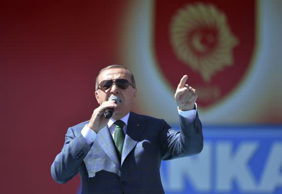 Turkey's President Recep Tayyip Erdogan addresses his supporters in Ankara, Turkey.