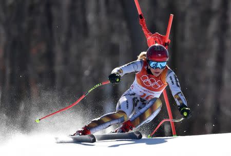Feb 17, 2018; Pyeongchang, South Korea; Ester Ledecka (CZE) competes in the alpine skiing Super-G event during the Pyeongchang 2018 Olympic Winter Games at Jeongseon Alpine Centre. Mandatory Credit: Eric Bolte-USA TODAY Sports