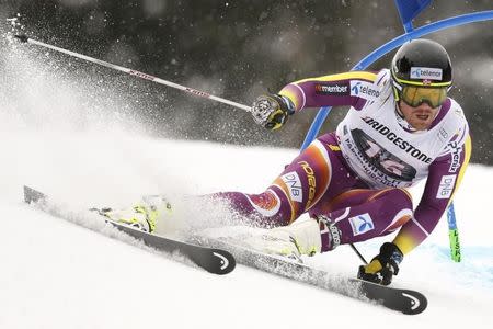 Kjetil Jansrud of Norway clears a gate during his first run in the men's Alpine Skiing World Cup giant slalom in Garmisch-Partenkirchen March 1, 2015. REUTERS/Wolfgang Rattay