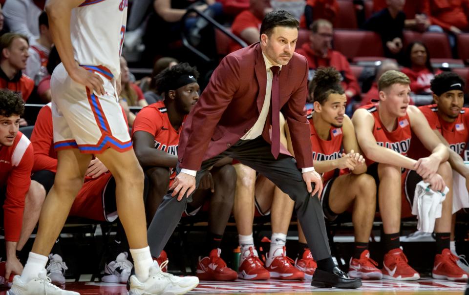 ISU head coach Ryan Pedon watches the Redbirds battle Bradley in the first half Wednesday, Feb. 8, 2023 at CEFCU Arena in Normal. The Braves downed the Redbirds 79-61.