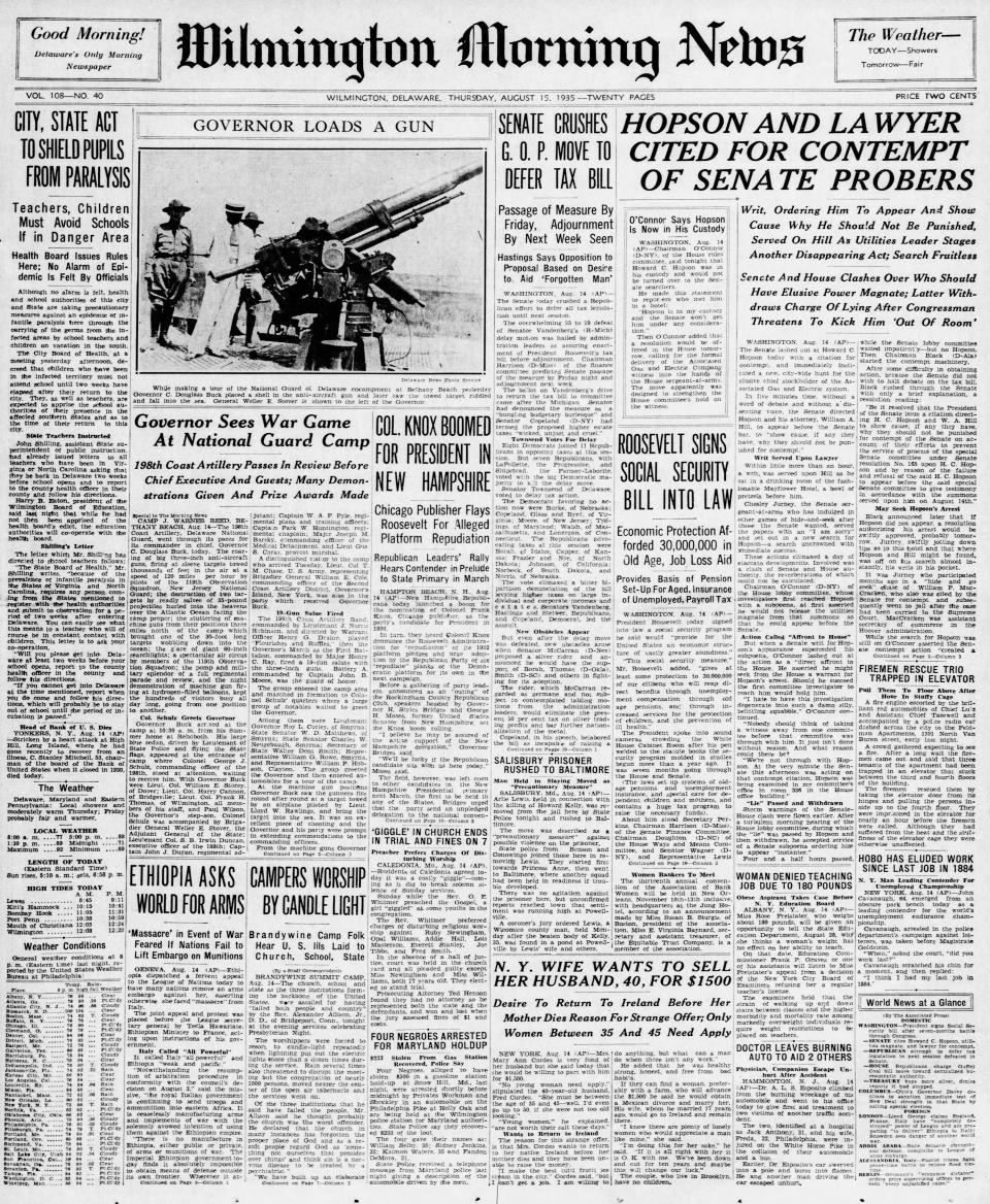 Front page of the Wilmington Morning News from Aug. 15, 1935.