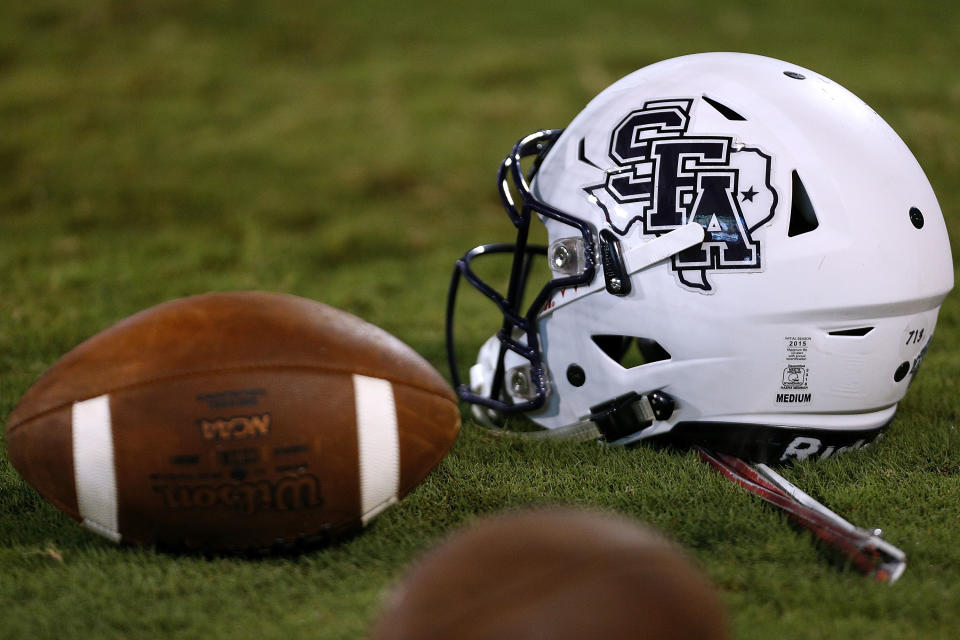 STARKVILLE, MS - SEPTEMBER 01:  A Stephen F. Austin Lumberjacks helmet is seen during a game against the Mississippi State Bulldogs at Davis Wade Stadium on September 1, 2018 in Starkville, Mississippi.  (Photo by Jonathan Bachman/Getty Images)