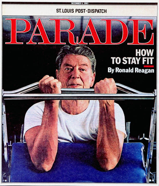 <p> President Ronald Reagan penned this article about his <a href="https://parade.com/1045407/marynliles/fitness-quotes/" rel="nofollow noopener" target="_blank" data-ylk="slk:fitness;elm:context_link;itc:0;sec:content-canvas" class="link ">fitness</a> regime, telling readers to “get out there and enjoy some exercise!” “The doctors say I am now in better shape than when we came to the White House,” Reagan said. He does the calisthenics and weightlifting he started as therapy after the assassination attempt by John W. Hinckley Jr. in March 1981 and swims laps. He likes to perform a “back jack” dive that makes Nancy nervous. On his ranch, he enjoys horseback riding with Nancy and cutting, hauling and stacking wood. “It’s productive work that gives you a very satisfying sense of accomplishment,” he said.” A friend says I ought to write a fitness book called ‘Pumping Firewood.’”</p>