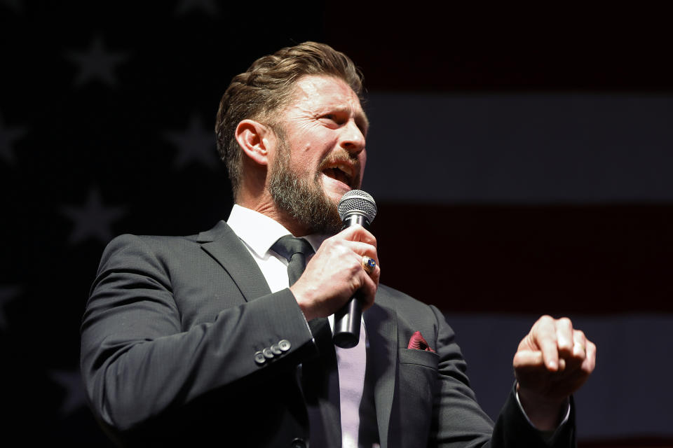 Jason Preston speaks during the GOP Convention at the Mountain America Convention Center is Sandy, Utah on Saturday, April 23, 2022. Preston is running for Utah's 3rd Congressional District. (Adam Fondren/The Deseret News via AP)