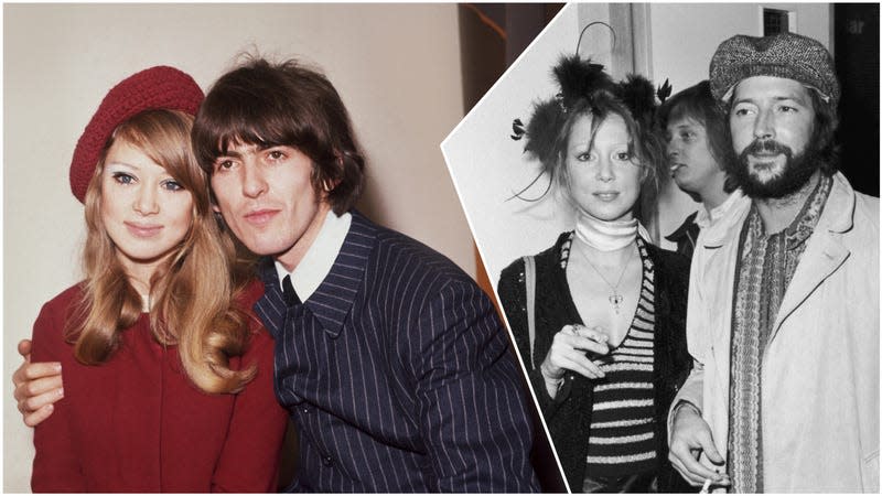 Pattie Boyd with George Harrison (left); Boyd with Eric Clapton (right)