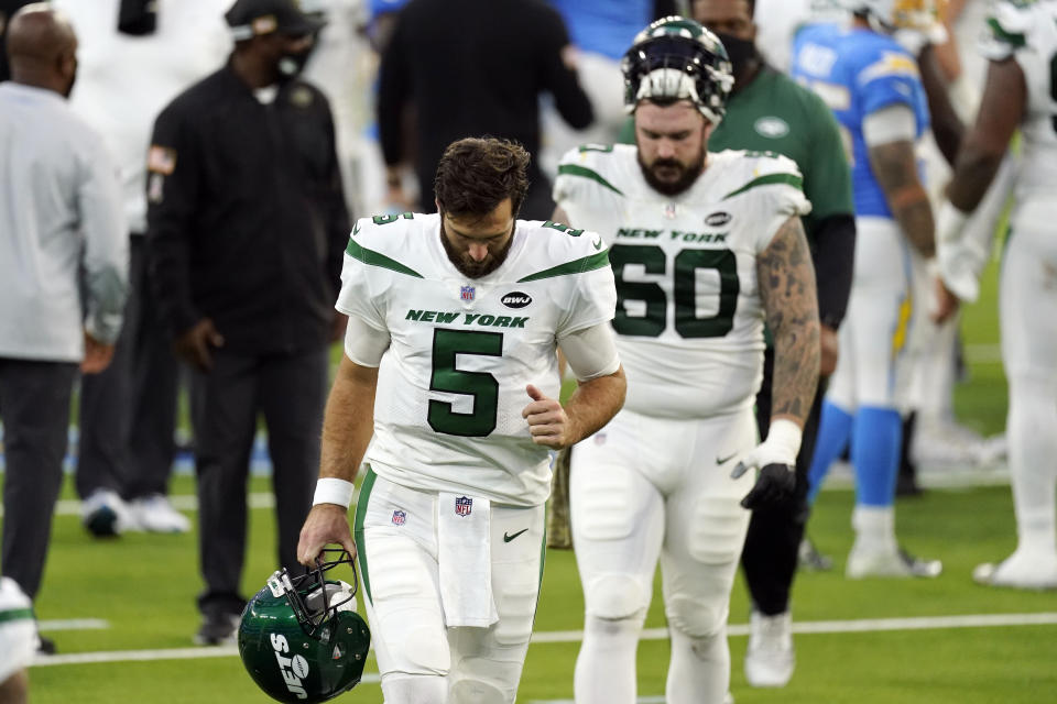 New York Jets quarterback Joe Flacco (5) walks off the field after a loss to to the Los Angeles Chargers during an NFL football game Sunday, Nov. 22, 2020, in Inglewood, Calif. (AP Photo/Jae C. Hong)